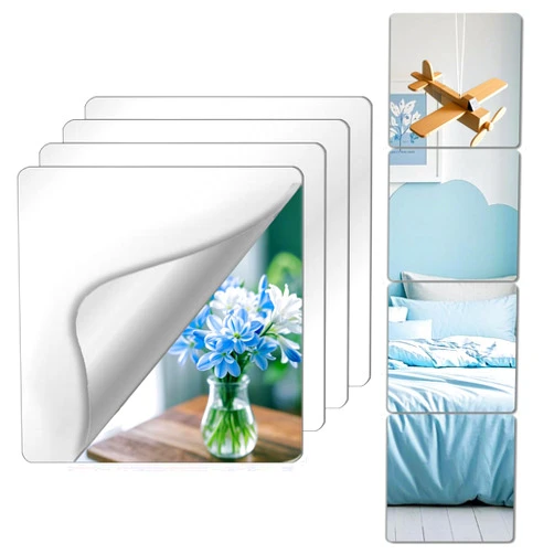 VXKZF Unbreakable Mirror Tiles, 4PCS 10”x10” Peel And Stick on Mirror for Wall Mirrors Decorative, Toddlers for Kids Bedroom, Plastic Gym Frameless Door Small Adhesive Mirrors for Classroom Decor Stickers