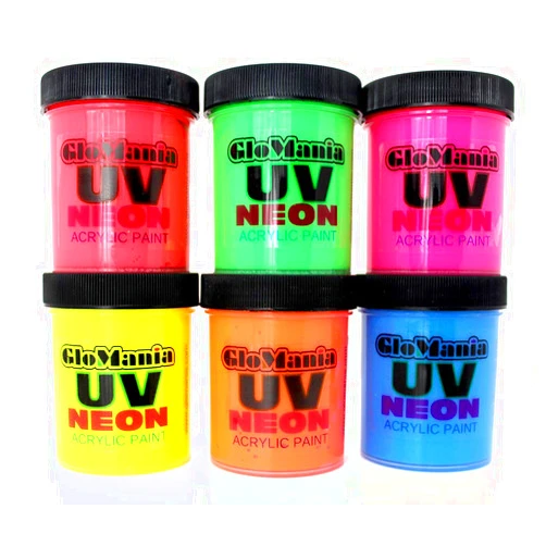 Glomania 6 Color Set UV Black light 1oz (6oz total), Neon Rave Fluorescent Acrylic Paint