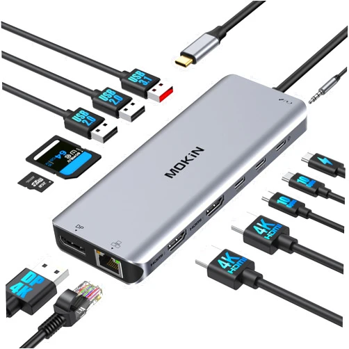 MOKiN USB C Laptop Docking Station Dual Monitor Dual HDMI 4k DP Triple Display Hub 10G, 13 in 1 MOKiN USB C Hub with 3 Monitors,Displayport,USB3.1,RJ45,100W PD,Card Reader,Audio/Mic, for Dell HP Lenovo