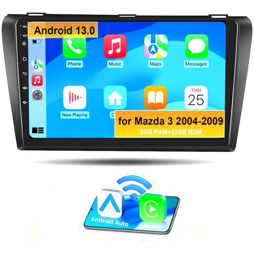 NVGOTEV 2024 New Android 13 Radio for Mazda 3 2004-2009,9-inch QLED Touch Screen Car Stereo with Wireless CarPlay Android Auto GPS Navigation Bluetooth SWC FM AM RDS WiFi EQ DSP 2GB RAM+32GB ROM