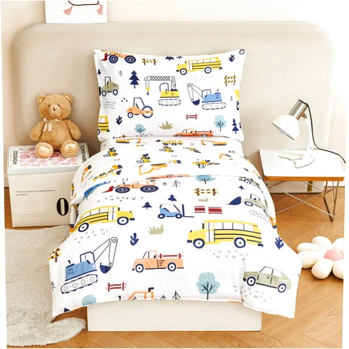 URBONUR 4-Piece Toddler Bedding Set for Boys Construction Car Printed Vehicles Toddler Comforter Set with Sheets Lightweight and Soft Perfect for Kids 2-6 Year Old Toddler Bed in a Bag