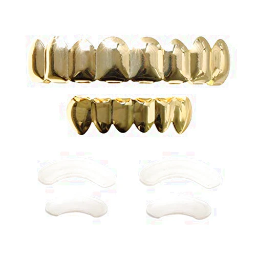 TSANLY 24K Plated Gold Grillz 8 Teeth Mouth Top & Bottom Set Hip Hop Bling Grills for Men + Microfiber Cloth