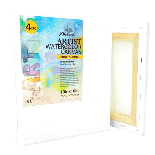 PHOENIX Watercolor Stretched Canvases, 10x10 Inch/4 Pack - 8 Oz, 3/4 Inch Profile, 100% Cotton Triple Primed White Blank Canvases for Watercolor, Acrylic, Gouache, Tempera, Crafts & Pouring Art