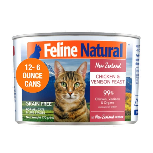 Feline Natural Wet Cat Food Pate, Chicken & Venison Feast, 6 Oz Cans (Pack of 12), Grain Free, Made in New Zealand with Cage-Free Chicken and Grass-Fed Venison