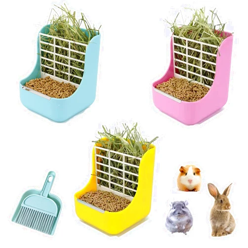 Lucky Interests 3pcs Rabbit Hay Food Bin Feeder, 2 in 1 Hanging Automatic Guinea Pig Hay Feeder Dispenser Grass & Food Bunny Bowl Manger Rack for Guinea Pig Rabbit Chinchilla with Mini Broom & Dustpan