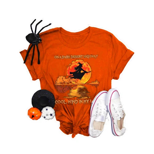 SECETKET Women Halloween Shirts On A Dark Desert Highway Witch Feels Cool Wind in My Hair Bleached Graphic Tees