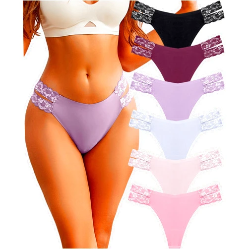 FINETOO Seamless Thongs for Women 6 Pack Sexy V-Wasit Women's Underwear No Show T-back Underwear for Women Panties