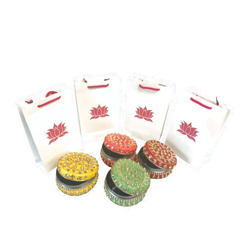 DESI BY DIL Ready to give Combo includes Stone Studded Stainless Steel Matki Box with Lotus Gift Bag - Set of 4 for Golu, Karwa Chauth, Navratri, Diwali Party, Indian Festivals