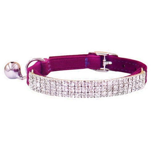 THAIN Rhinestones Cat Dog Collar Soft Velvet Safe Adjustable Collar Bling Diamante with Bells, 8-11 inch for Small Dogs and Cats (Purple)