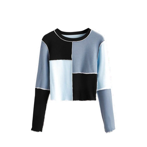 SheIn GORGLITTER Women's Colorblock Patchwork Crop Top T Shirt Long Sleeve Round Neck Ribbed Knit Tee Blue Multicolor X-Small