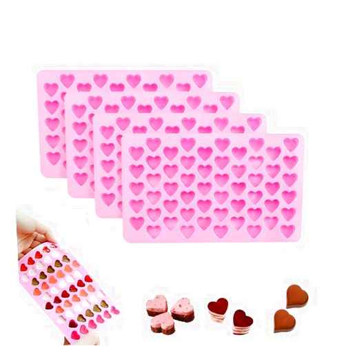 SNOMEL 4 Pack 55 Cavity Mini Heart Molds Silicone, Heart Shaped Chocolate Candy Gummy Molds for Baking, Non-Stick Heart Silicone Molds Ice Cube Tray for Party Wedding Valentines Women Men (Pink)