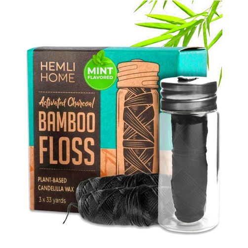 Hemli Home Natural Charcoal Bamboo Dental Floss, 3-Pack, Organic Bamboo Charcoal Floss, Eco, Pfas Free, Reusable