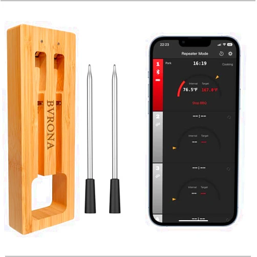 BVRONA Wireless Meat Thermometer Digital Cooking Thermometer with Wireless Probe IP67 Waterproof Food Thermometer with Read App Preprogrammed Temperatures for BBQ, Oven, Grill 2Probes