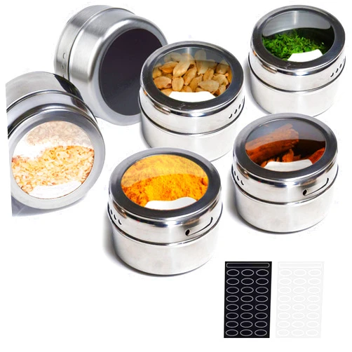 ILEBYGO Magnetic Spice Tins 6pcs Stainless Steel Spice Jars Storage Spice Containers,Clear Top Lid with Sift or Pour,48 Blank Spice Stickers Include,Magnetic on Refrigerator and Grill