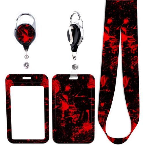 Juanooo Red & Black ID Lanyard Badge Holder & Retractable Badge Reel Clip Horror Halloween Keychain Lanyard for Women Men Teens for ID Badges Cool Goth Key Lanyard ID Holder