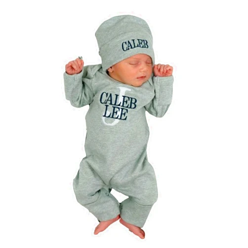 Handmade Customizable Newborn Baby Outfit Set Personalized Oatmeal Sleeper with Footies, Matching Hat, Embroidered Romper Ideal for Baby Shower Coming Home Christmas Gifts Unisex Design for Infant Boys (A)