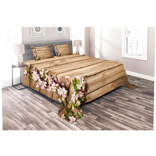 Ambesonne Rustic Coverlet, Spring Flowering Tree Branch on Weathered Wooden Blooming Orchard Image, 3 Piece Decorative Quilted Bedspread Set with 2 Pillow Shams, Queen Size, Pink Brown Green