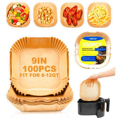 Vailnd Air Fryer Liners Disposable, 100Pcs 9 Inch Max Xl Large Cooker Airfryer Paper Liners, Oil Proof Parchment Sheets Square Basket Baking Liner for 8/10/11/12 QT Air Fryer Microwave