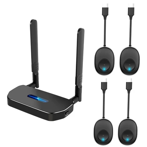 POFAN Wireless Hdmi Transmitter and Receiver 4k. One receiver and four transmitter,switch at will,165FT/50M VGA Dual Screen Casting Video Audio from PC/Laptop/Netfix/TikTok to Monitor,Projector equipment