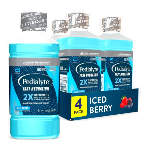 Pedialyte Fast Hydration Electrolyte Solution, Iced Berry, Hydration Drink, 4 Bottles, 1 Liter Each