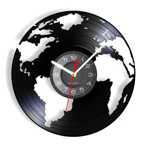 IUPPA 30Cm Vinyl Record Wall Clock Globe Earth World Vinyl Lp Record Wall Clock Living Green Homeland Terre Map Geography Art Home Decor Disk Crafts Silent Watch