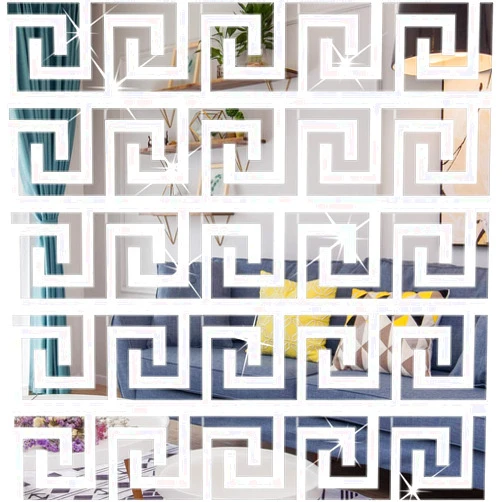 Loriyboe 64Pcs DIY Mirror Stickers Wall Decals, Peel and Stick Mirror Tiles Borders, Removable Adhesive Wall Stickers for Home Art Room Bedroom Background Decoration (Geometric Greek Key Pattern, Siliver)