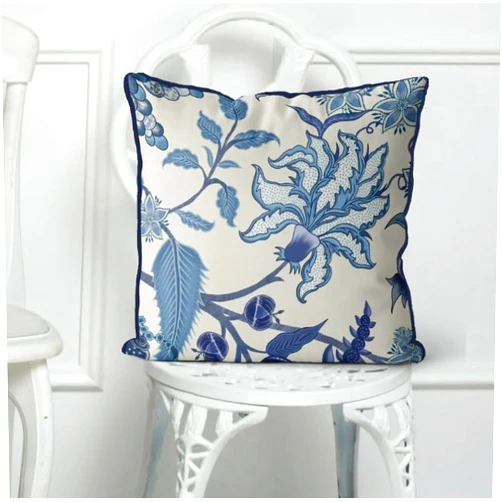 Metr Fabfunky, Jacobean Asmara Floral Blue Chinoiserie Pillow/Cushion Cover, Zippered Base, Full Piping, 18