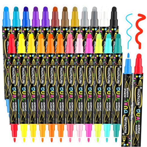 Muchcute 24 Acrylic Paint Markers Pens for Rocks Painting Fabric Glass Wood Canvas Paper Coloring Decorations Scrapbooking Art Crafts Supplies, Stocking Stuffers, Christmas Gifts Grandkids Teens Kids Adults