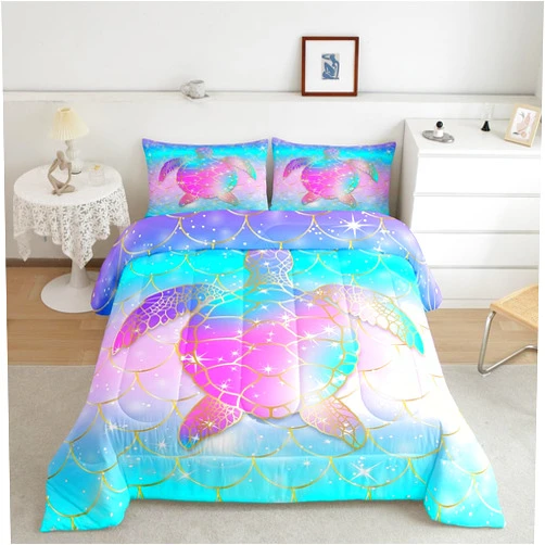 Erosebridal Mermaid Scales Comforter Set for Girls, Tortoise Reptile Bedding Set Twin Size, Sea Turtle Ocean Life Duvet Sets for Kids Children Boys Women, Sweet Girly Down Comforter, Teal Blue