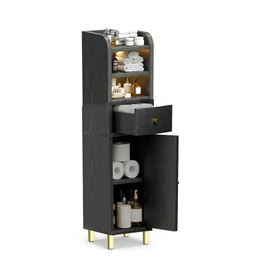 GEERYZHE Small Corner Bathroom Storage Cabinet with Door and Drawer, Narrow Toilet Paper Holder Organizer, Slim Freestanding Floor Cabinet with Adjustable Shelves for Small Spaces, Modern Black
