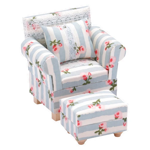 Inusitus Dollhouse Sofa Chair with Ottoman, Miniature Living Room Furniture Armchair, Accessories for 6 inch Dolls, 1/12 Scale, Blue