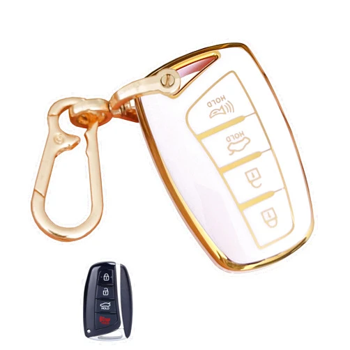 QIXIUBIA for Hyundai Key Fob Cover Smart Key Shell with Gold Keychain Fit for Hyundai Genesis Santa Fe Equus Azera