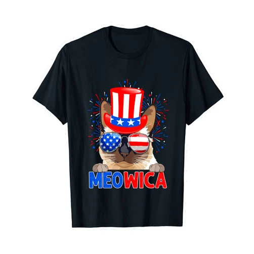 Amb Patriotic Cat Kitten Lovers Owners 4th Of July Funny Meowica Siamese Cat Lover Owner USA Flag 4th Of July T-Shirt