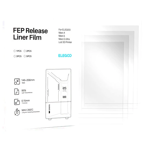 ELEGOO 5PCS FEP Release Film for Mars 4 & Mars 5 & Mars 5 Ultra Resin 3D Printer with 95% Light Transmittance, 206 * 146mm, 0.15mm Thickness
