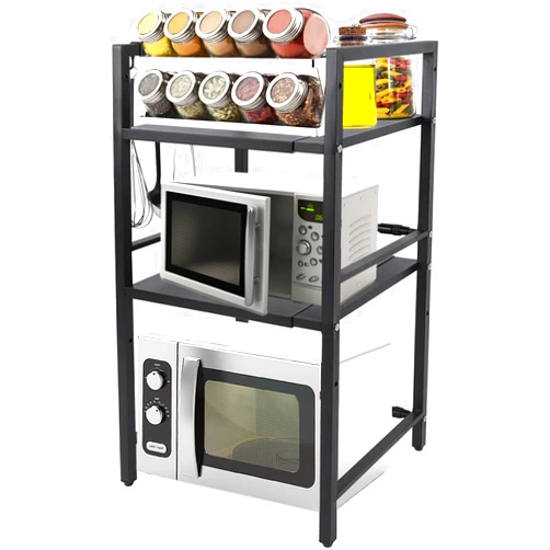 SoQte Extendable Microwave Oven Rack, Adjustable Microwave Stand, Toaster Shelf, Kitchen Counter Organizer with 6 Hooks, Microwave Shelf 100lbs Capacity (3-Layer)
