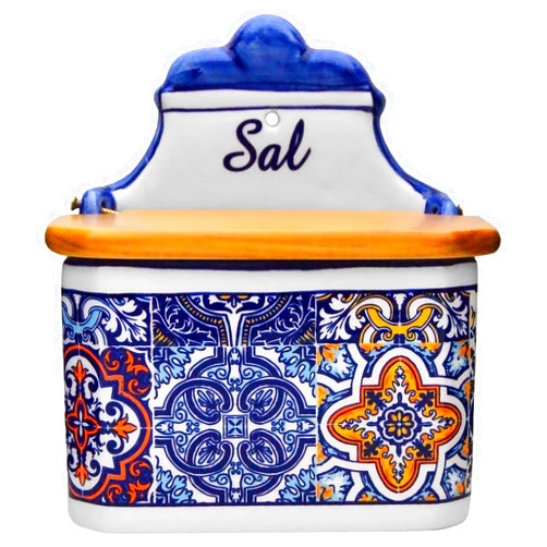 Alcoa Arte Portuguese Pottery Alcobaça Ceramic Decorative Salt Cellar with Lid for Kitchen (Blue), 6 inch x 4 inch x 6.5 inch Inch (L x W x H) (Salt Holder)