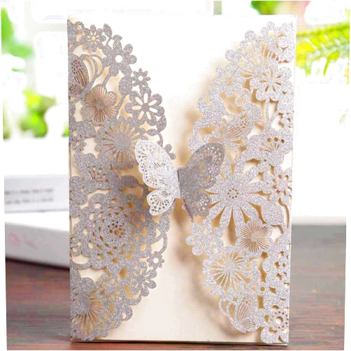 Jofanza 5X7.3 Inch 20PCS Silver Glitter Laser Cut Wedding Invitations with Butterfly and Envelopes Lace Flora Invitations Cards for Quinceañera Birthday Party Invites