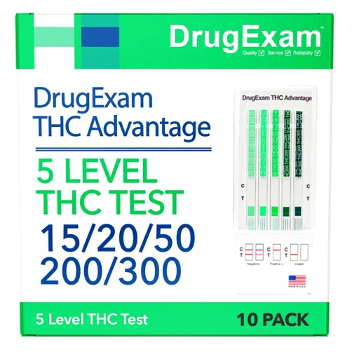 DrugExam 10 Pack - DrugExam THC Advantage Made in USA Multi Level Marijuana Urine Test Kit. Highly Sensitive THC 5 Level Test Kit. Detects at 15 ng/mL, 20 ng/mL, 50 ng/mL, 200 ng/mL and 300 ng/mL (10)