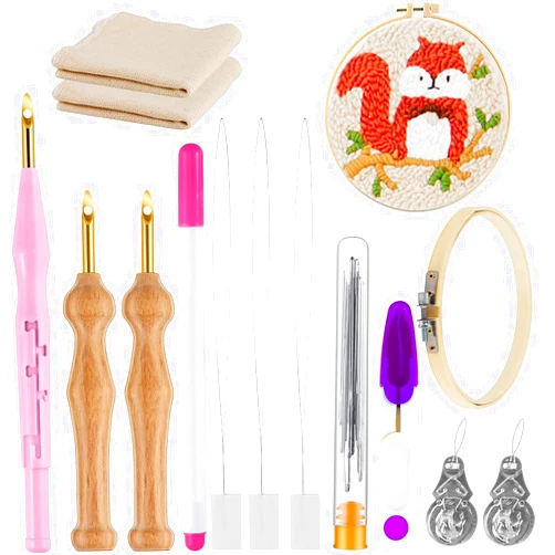 MSDADA 21PC Punch Needle Embroidery Kits Adjustable Punch Needle Tool, Wooden Handle Embroidery Pen, Hoops, Punch Needle Cloth, Big Eye Needles, Needle Threaders（Pink）