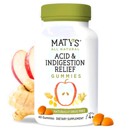Matys Acid & Indigestion Relief Gummies, Safe Antacid for Occasional Acid Reflux & Heartburn in Adults & Kids 4 Years Old +, Low Sugar, Gluten Free, Vegan Gummy Made with Apple Cider Vinegar, 40 count