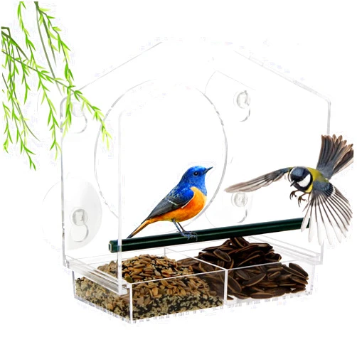 Amzeth Transparent Acrylic Window Bird Feeders for Outdoors, Cardinal, Finch, Sparrow