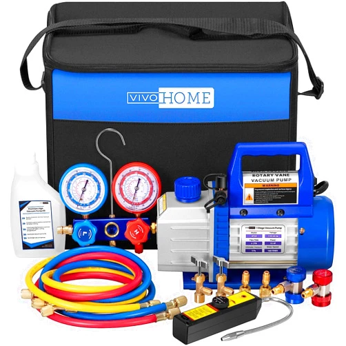 VIVOHOME Upgraded 110V 4CFM 1/3 HP Single Stage Rotary Vane HVAC Vacuum Pump and AC Manifold Gauge Set Kit with Leak Detector for R134a R12 R22 R502 R410a Air Conditioning Refrigeration Recharging