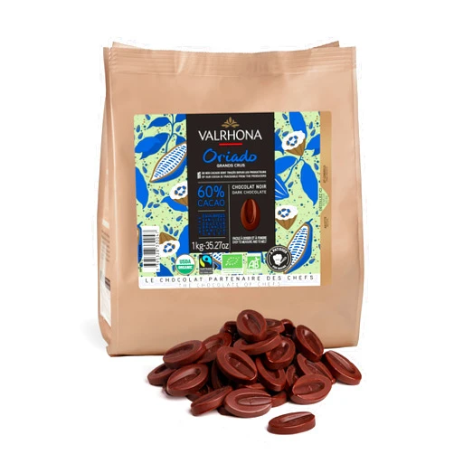 Valrhona Premium French Baking Dark Chocolate Discs (Feves). ORIADO 60% Cacao. Organic and Fair Trade. Easy Tempering. Creamy and Balanced. For Brownies, Cakes, Mousses, and Frostings 1kg (Pack of 1)
