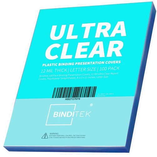 Binditek 100 Pack 12 Mil Plastic Binding Presentation Covers, Ultra Clear Binding Front Covers, 8-1/2 x 11 Inches Report Covers, Letter Size, Square Corners, Un-Punched, Back to School