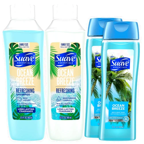 Suave Body Wash 2-Pack + Refreshing Shampoo & Conditioner, Ocean Breeze – Gentle Body Care & Hair Care Set with Vitamin E, Cruelty Free (4 Piece Set)