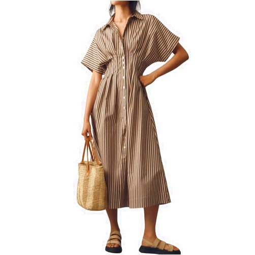 chouyatou Women's Contrast Color Striped Shirt Dress Pleated Button Down Maxi Long Tunic Dress
