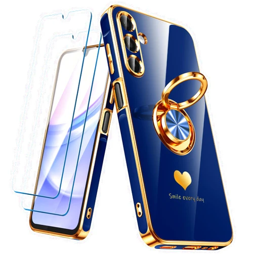Nonional for Samsung Galaxy A15 5G Case with 2 Pack Screen Protector, 360° Rotatable Ring Holder [Luxury Hearts Pattern] Plating Gold Edge Slim Soft Phone Cover Case for Galaxy A15 - Blue