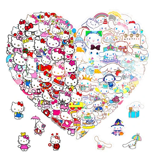 Meet Holiday 100Pcs Hello Kitty&Cinnamoroll Cartoon Sticker for Kids, Cute Mixed Cartoon Stickers for Girl, Waterproof Water Bottle Skateboard Notebook Phone Guitar Bike Vinyl Decal for Teen Adult (White)