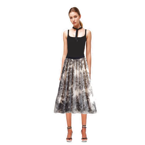 KABAZLE Floral midi Flowy Tulle Skirt for Women,Elastic high Waisted Embroidered lace mesh Fairy a line Fluffy Circle Skirt