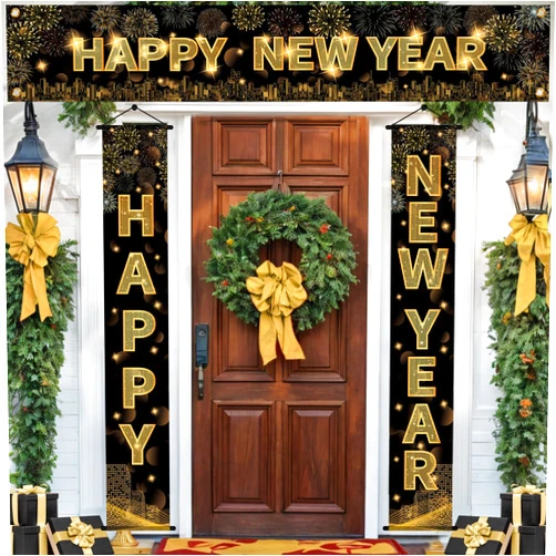 CASLON 3Pcs Happy New Year Door Banner Large Happy New Year Yard Sign 2025 New Year Party Decorations New Year Front Door Porch Banner for Welcome 2025 New Years Party Decorations for Indoor Outdoor 2025 New Years Eve Party Supplies
